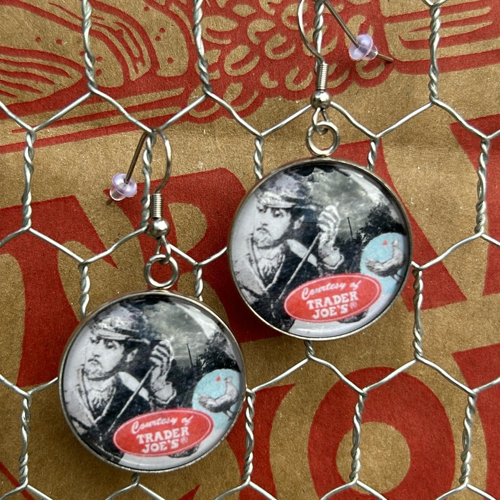 Trader Joe’s earrings 25mm man with umbrella and chicken
